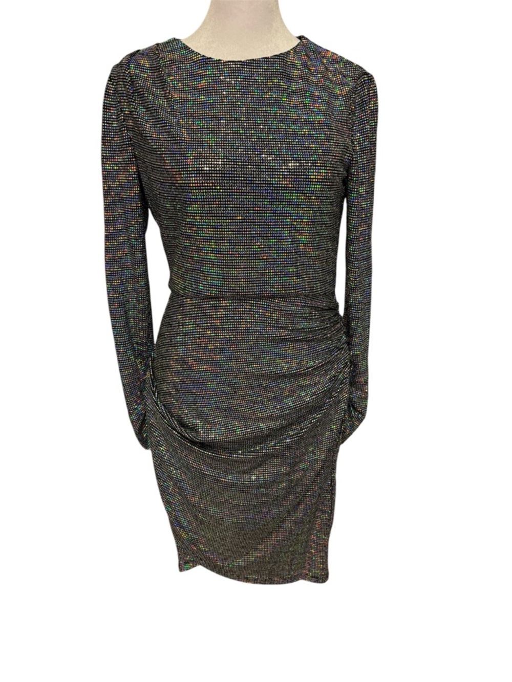 Donna Morgan silver holographic metallic long sleeve mini dress ✨